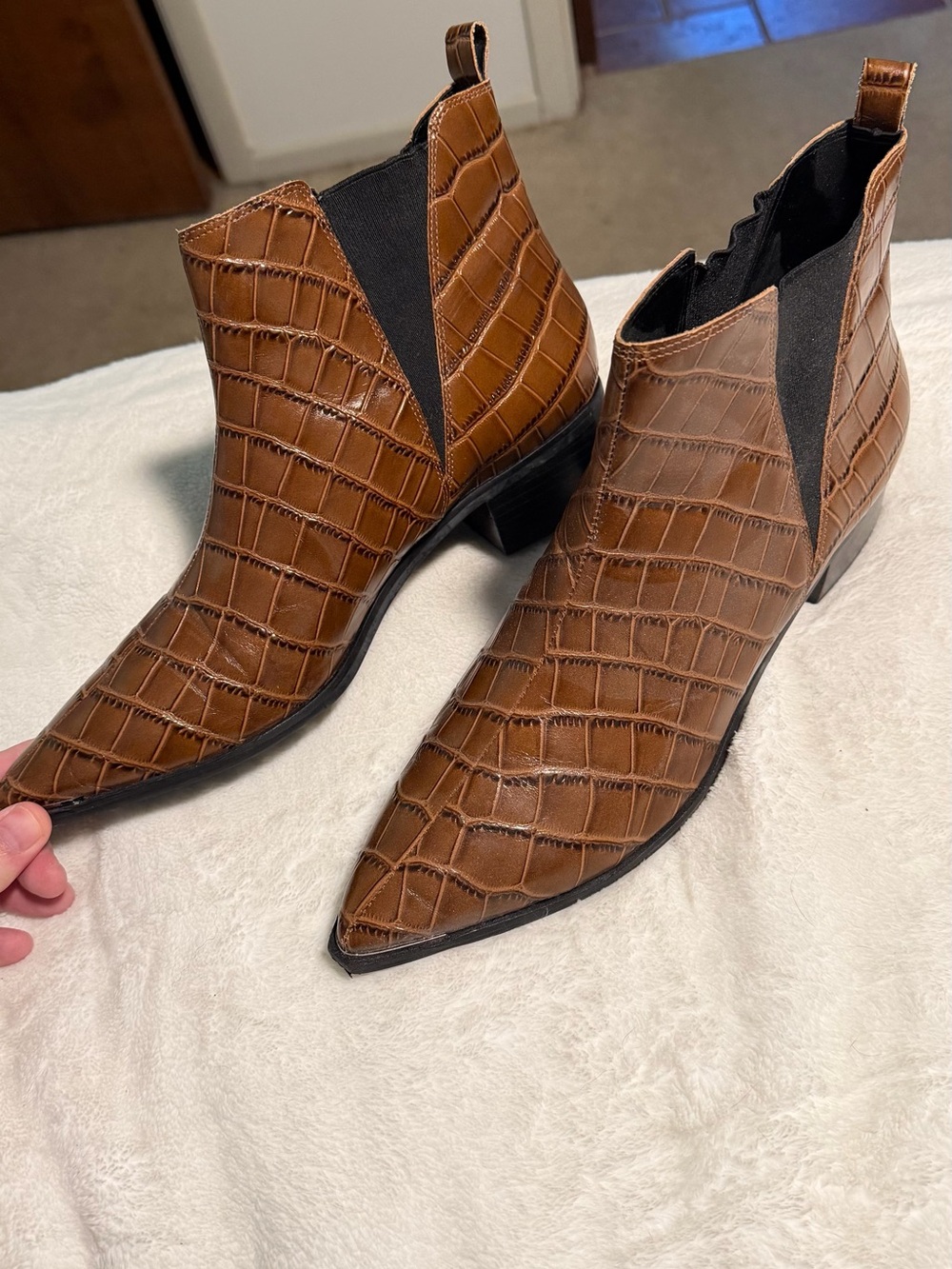 Marc Fisher Crocodile-Embossed Pointed Toe Ankle Boots - Brown